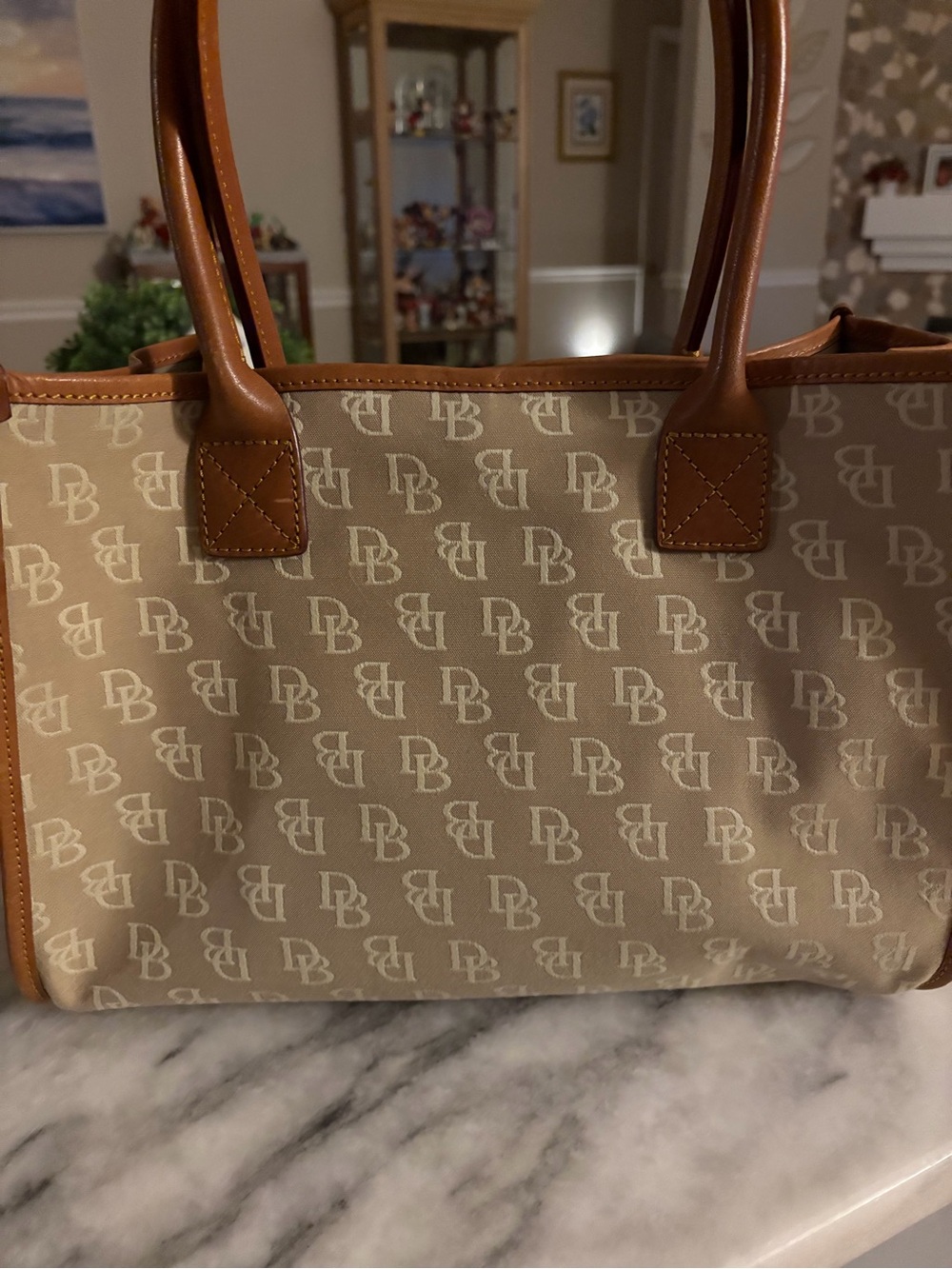 Dooney & Bourke Beige Canvas Tote with Brown Trim